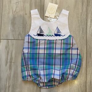 NWT TBBC Lauderdale Plaid Embroidered Sandler Sunsuit Bubble Romper, Boys 6-12M